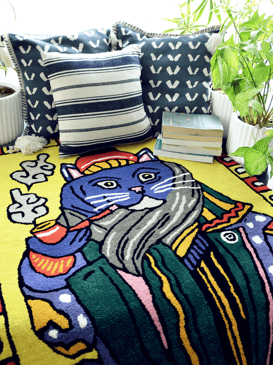 Colorful pet friendly hand tufted rug custom designed for Snoot. Features whimsical animal characters that make a statement.