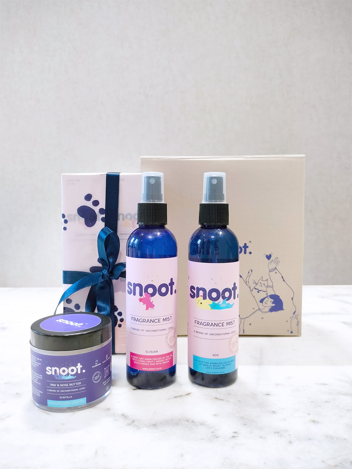 Gift set for pets, dogs, and cats, featuring two Fragrance mists and a Paw and Nose Butter