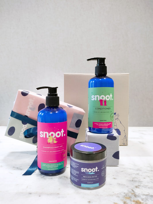 Gift set for pets, dogs and cats containing Shampoo, Conditioner, and Paw & Nose butter
