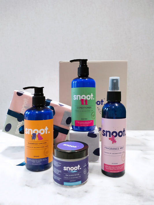 Gift set for pets, dogs and cats featuring a pet shampoo, pet conditioner, fragrance mist, and paw and nose butter